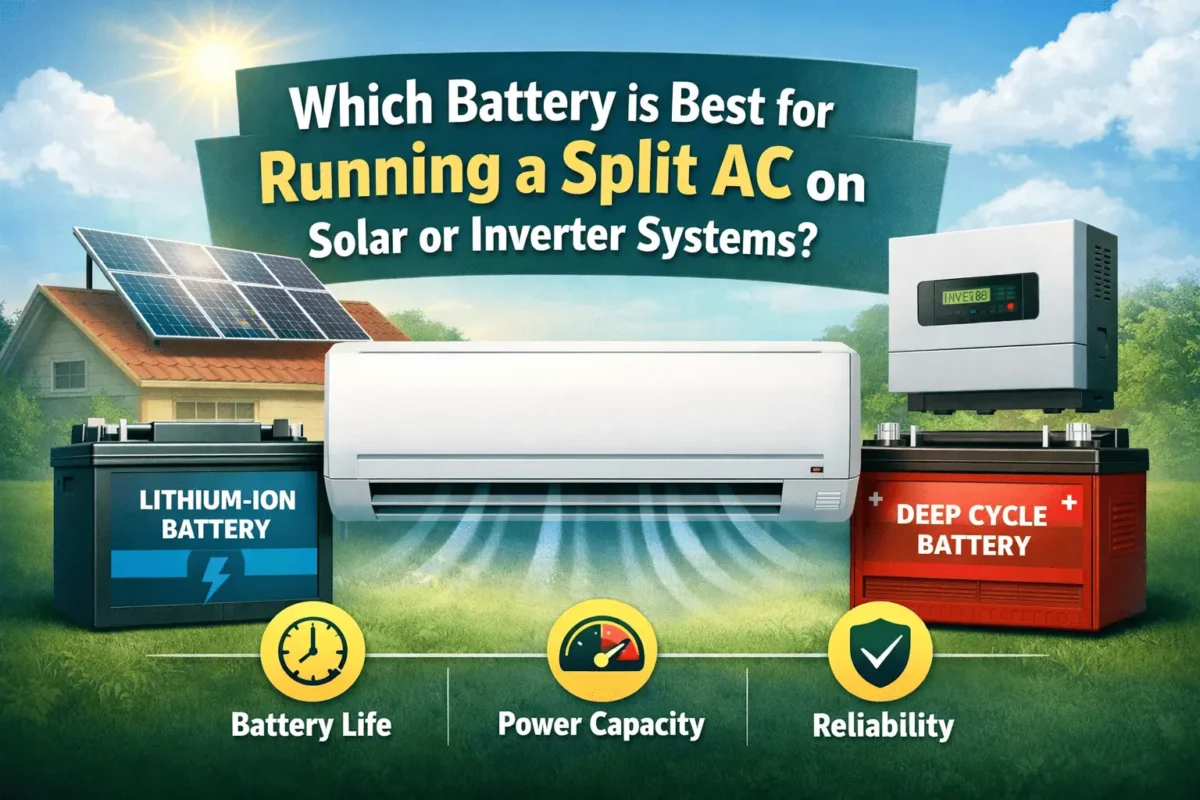 Best battery for running a split AC on solar panels and inverter system showing lithium and deep cycle battery setup