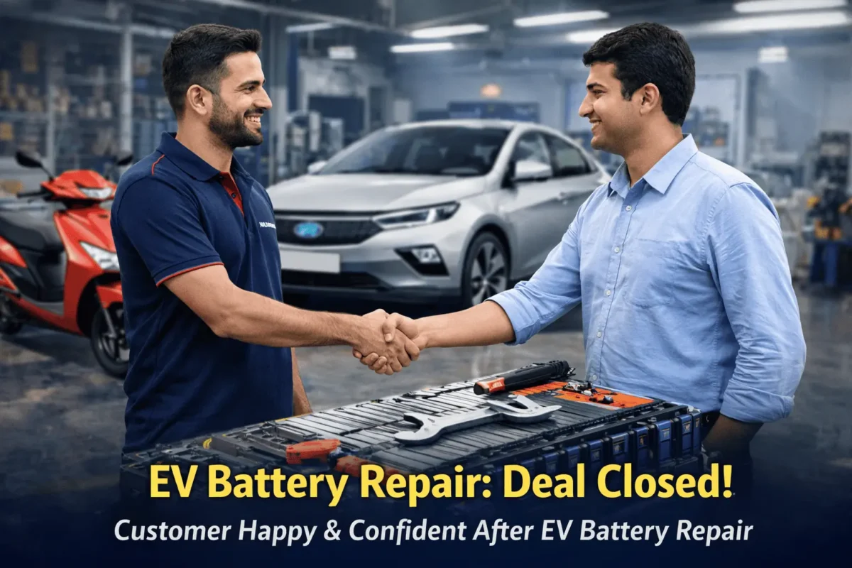 Customer and EV battery technician shaking hands after successful electric vehicle battery repair in Bangalore