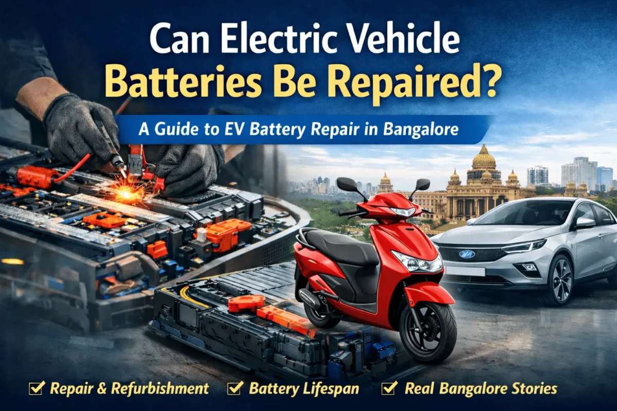 Electric vehicle battery repair and refurbishment service in Bangalore showing EV scooter, EV car and lithium battery pack