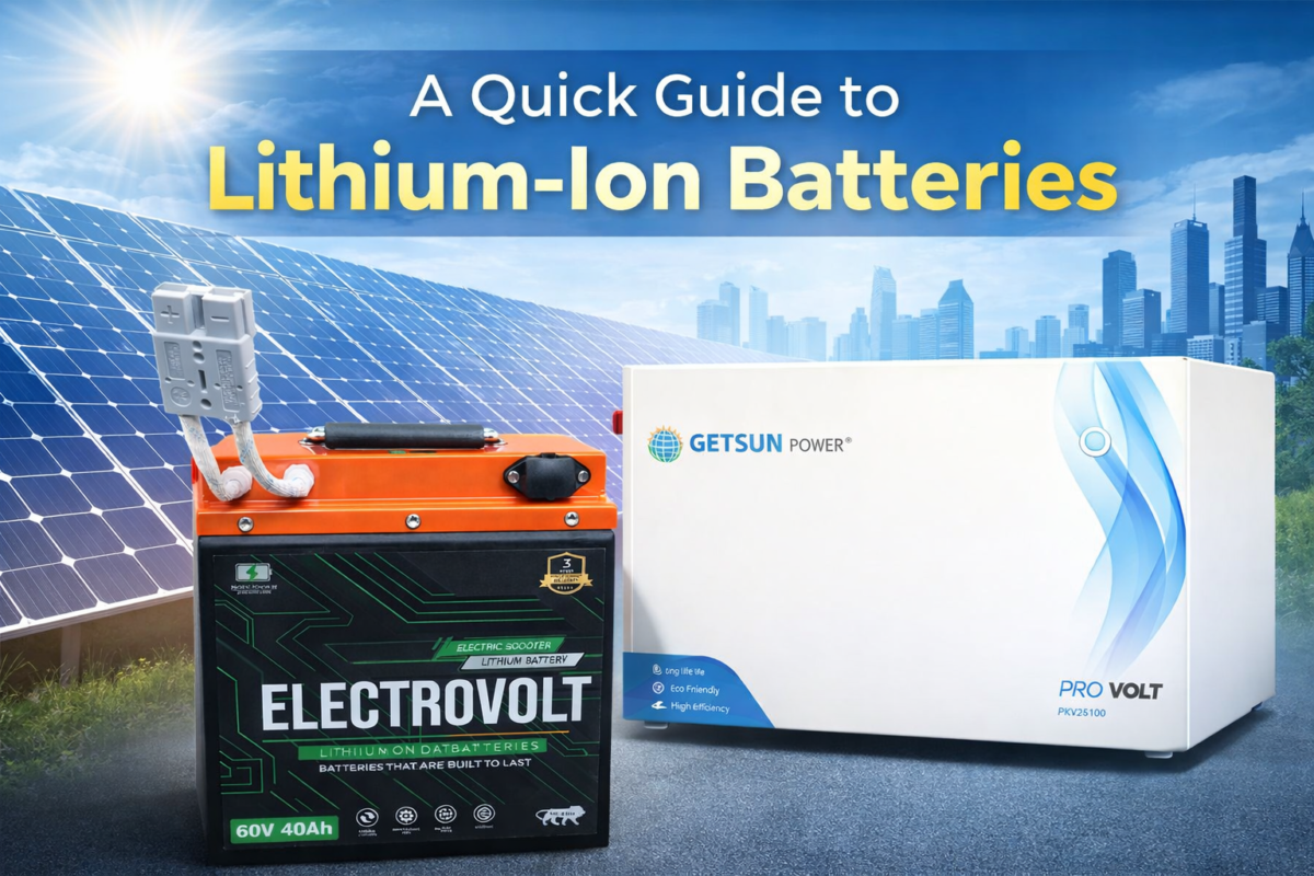 Lithium ion battery for solar inverter, home energy storage system and electric scooter showing Electrovolt and Getsun lithium battery packs