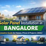 Solar panel installation on a modern house in Bangalore with rooftop solar system and city background
