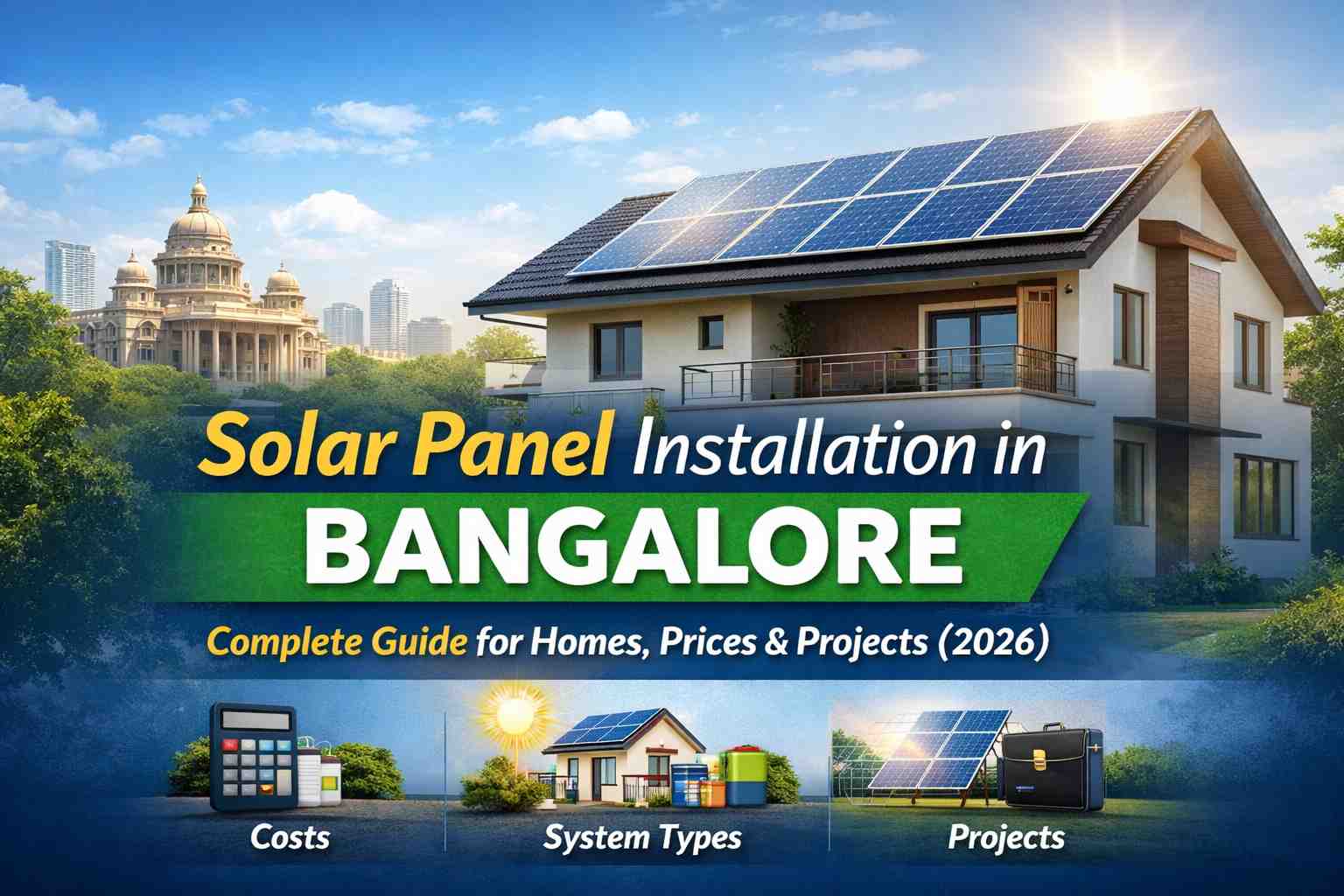 Solar panel installation on a modern house in Bangalore with rooftop solar system and city background