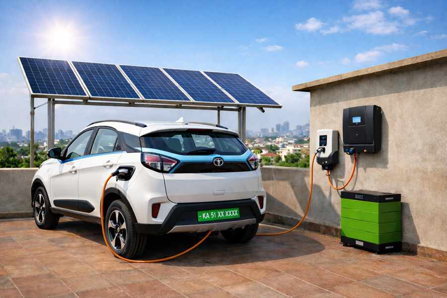 Tata Nexon EV charging at home using rooftop solar panels in Bangalore
