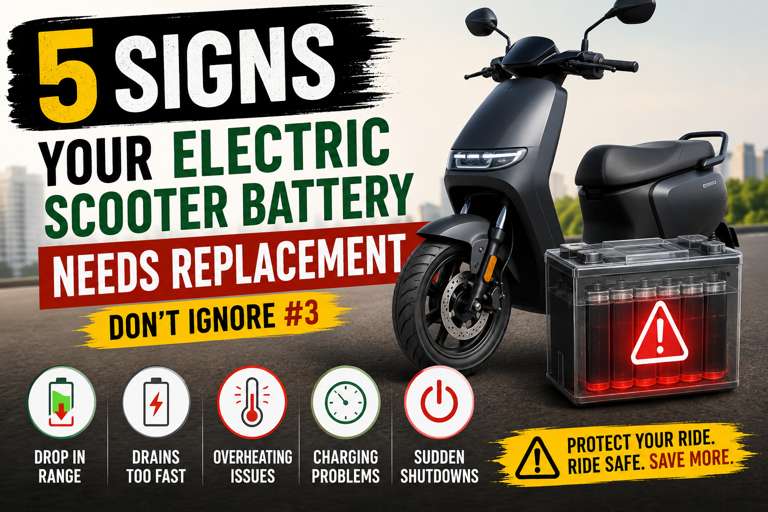 5 signs your electric scooter battery needs replacement including low range, fast drain, overheating and sudden shutdown issues