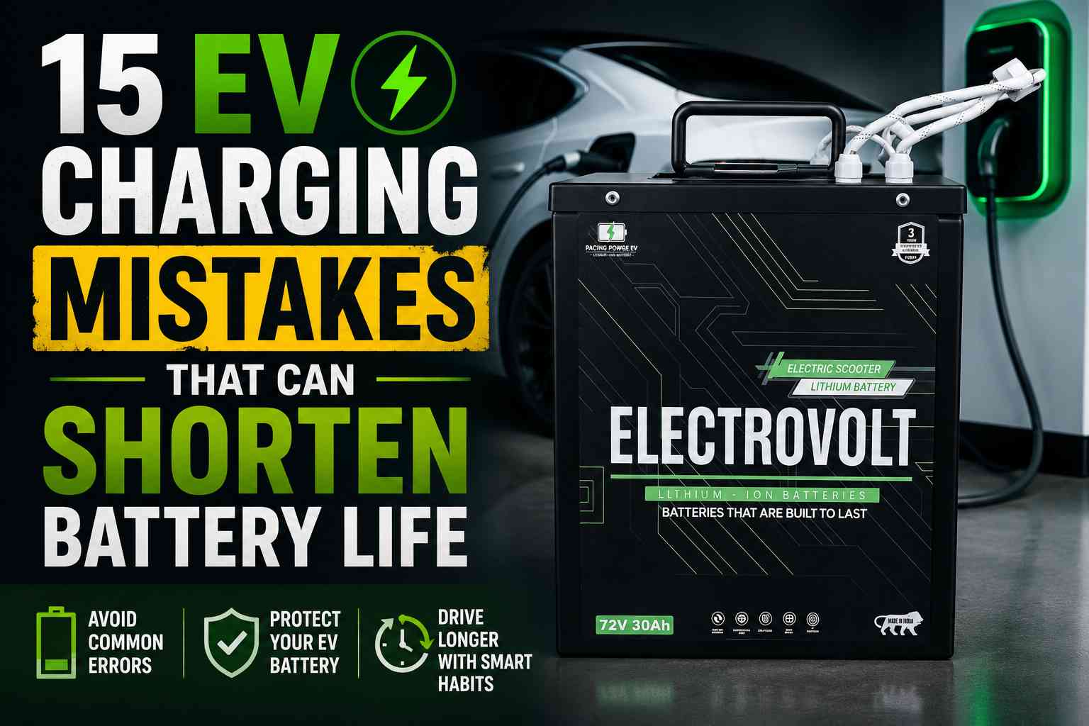 Electric vehicle charging station with lithium-ion battery illustration highlighting common EV charging mistakes that can reduce battery life and performance.