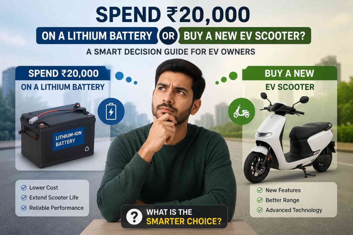 A man thinking about whether to spend ₹20,000 on a lithium-ion battery replacement or buy a new electric scooter, with visual comparison of costs, benefits, range, and technology upgrades.