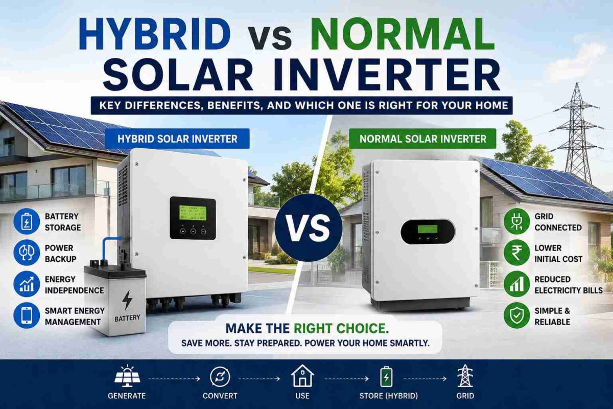 Hybrid vs normal solar inverter comparison showing battery backup, energy storage, grid connection, and key benefits for homeowners