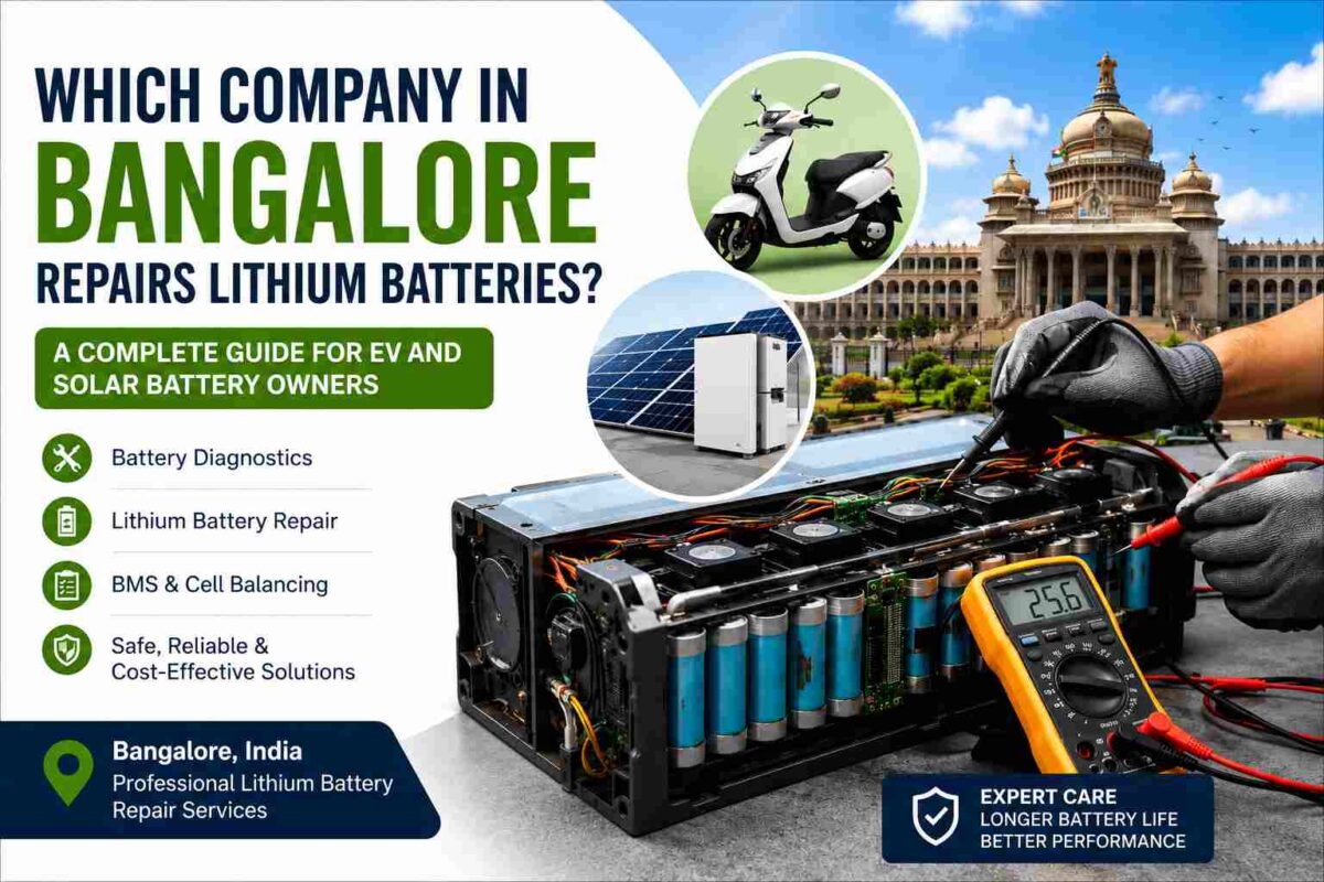 Which company in Bangalore repairs lithium batteries? Illustration showing lithium battery diagnostics, BMS repair, cell balancing, EV battery repair, and solar battery services.