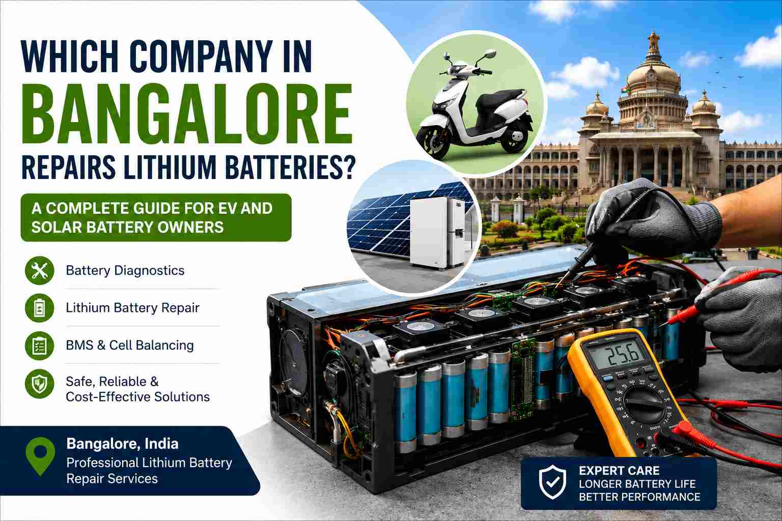 Which company in Bangalore repairs lithium batteries? Illustration showing lithium battery diagnostics, BMS repair, cell balancing, EV battery repair, and solar battery services.