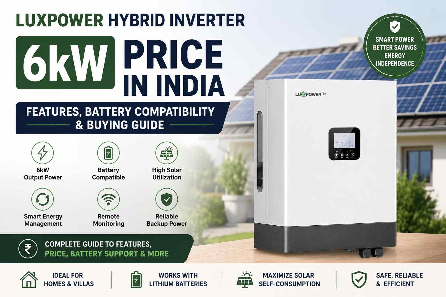 LuxPower Hybrid Inverter 6kW price in India with features, lithium battery compatibility, smart energy management, and home solar backup solution.