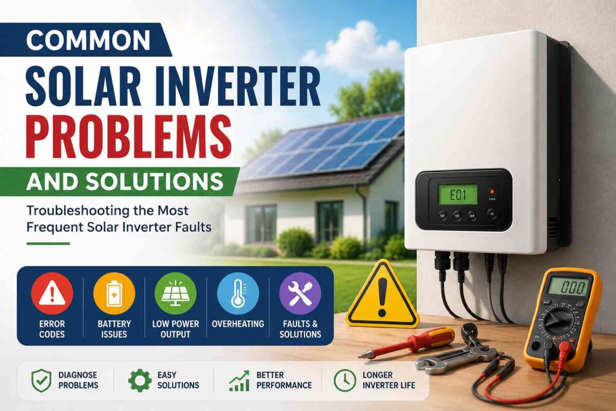 Common solar inverter problems and solutions featuring a residential solar power system, rooftop solar panels, and a solar inverter with troubleshooting icons for error codes, battery issues, overheating, and low power output.