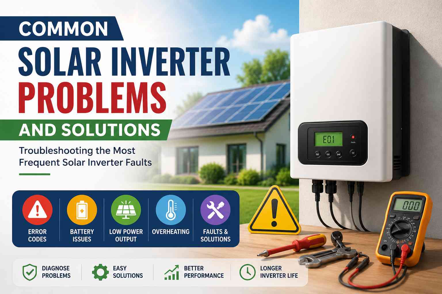 Common solar inverter problems and solutions featuring a residential solar power system, rooftop solar panels, and a solar inverter with troubleshooting icons for error codes, battery issues, overheating, and low power output.