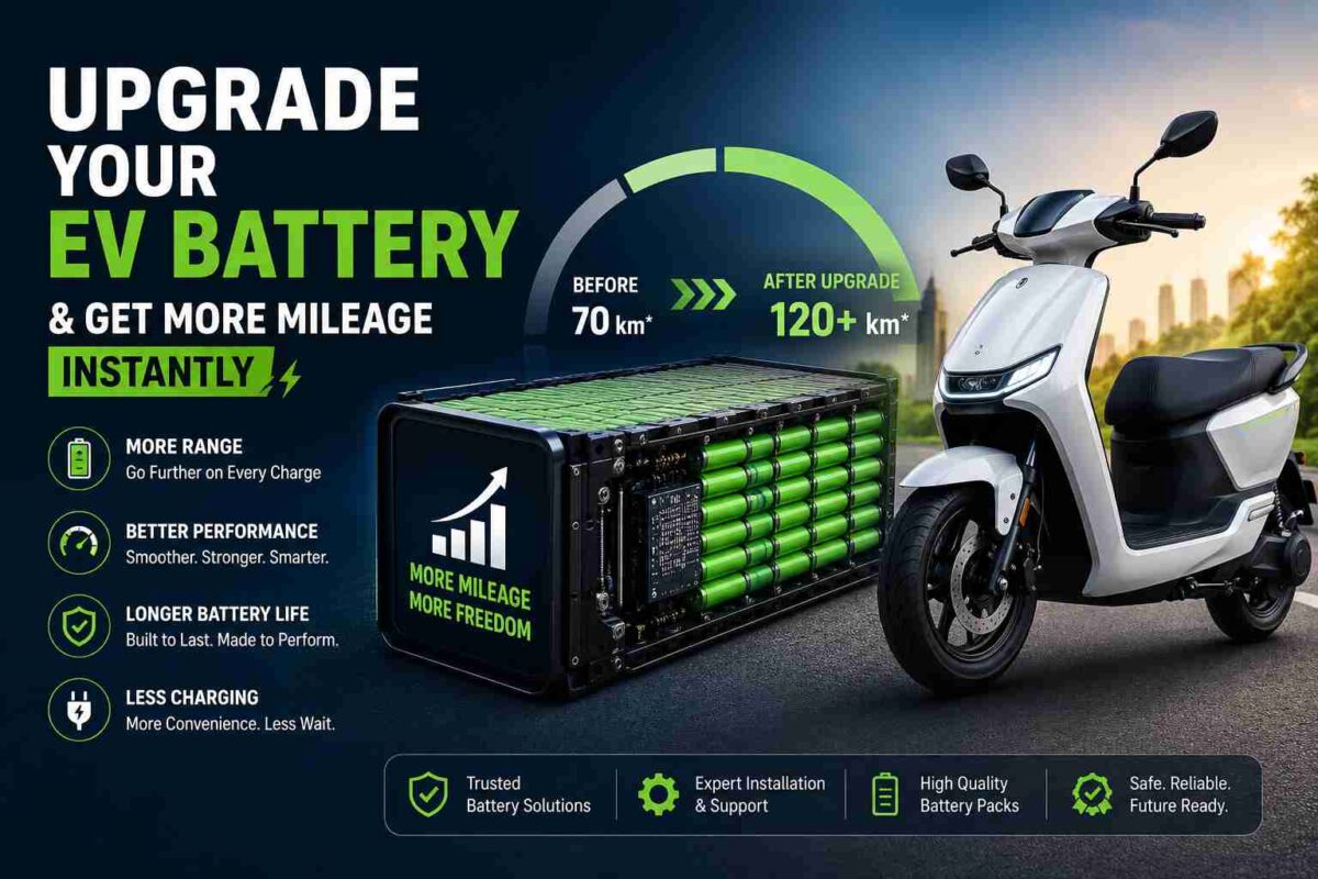 Electric scooter with upgraded lithium battery showing increased mileage, improved range, and better EV battery performance.