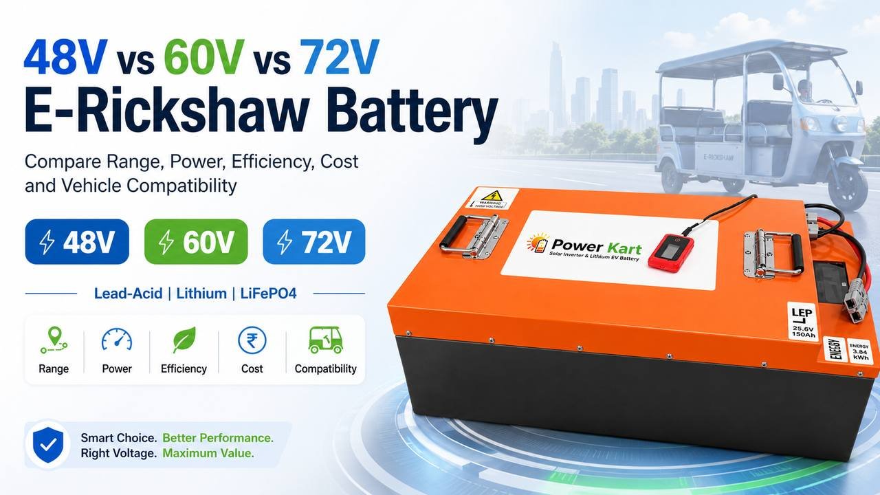 Comparison of 48V, 60V and 72V e-rickshaw batteries based on range, power, efficiency, cost and vehicle compatibility.
