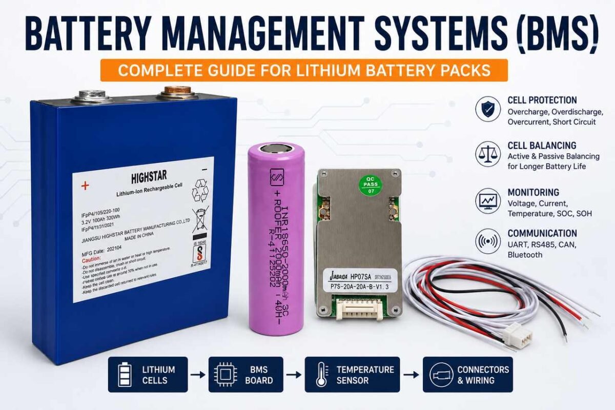 Battery Management System (BMS) guide showing a LiFePO₄ prismatic cell, cylindrical lithium-ion cell, BMS board, balance wires, protection, cell balancing, monitoring and communication features.