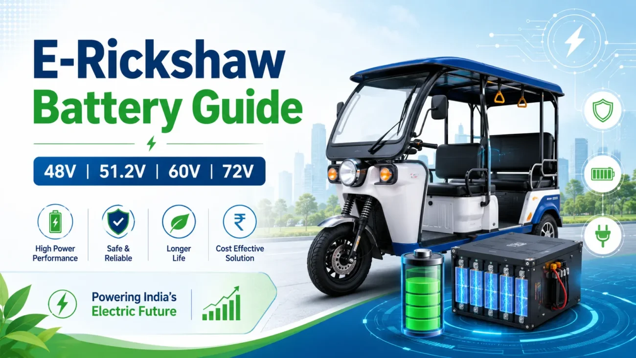E-rickshaw battery guide showing 48V, 51.2V, 60V and 72V battery options with an electric rickshaw and lithium battery pack.