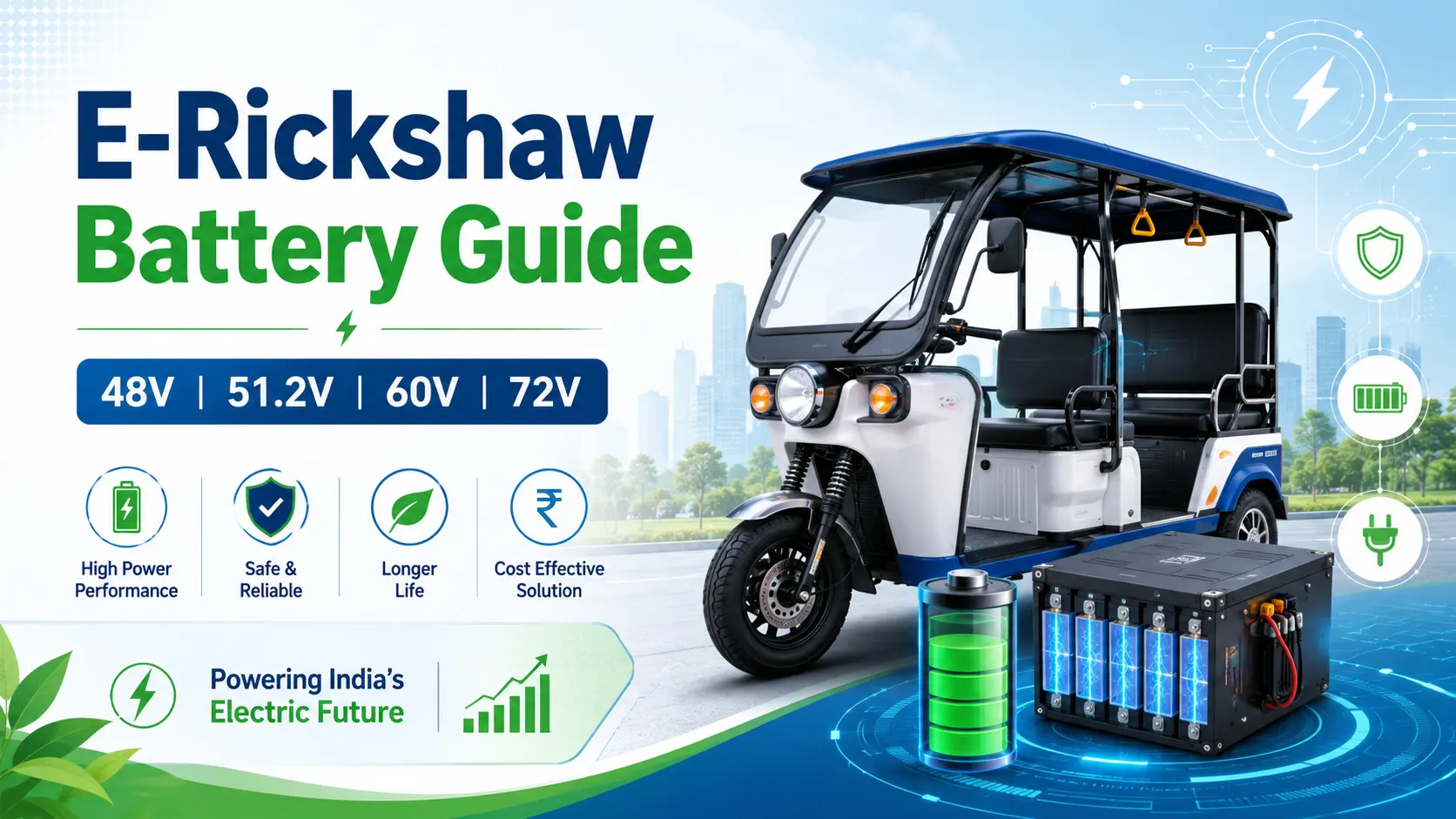 E-rickshaw battery guide showing 48V, 51.2V, 60V and 72V battery options with an electric rickshaw and lithium battery pack.