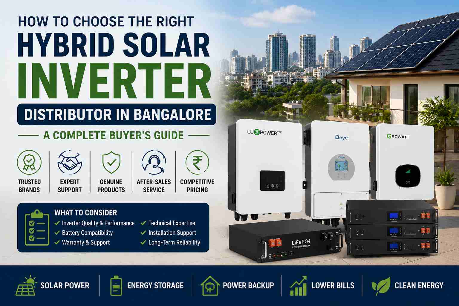 Hybrid solar inverter distributor in Bangalore offering lithium battery compatible solar inverters, energy storage solutions, and backup power systems for homes and businesses