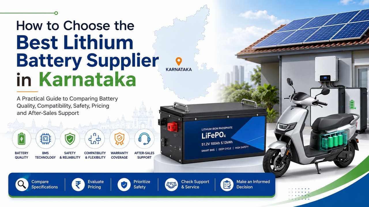 How to choose the best lithium battery supplier in Karnataka, featuring a LiFePO₄ battery, electric scooter, solar panels and key checks such as quality, safety, compatibility, warranty and after-sales support.