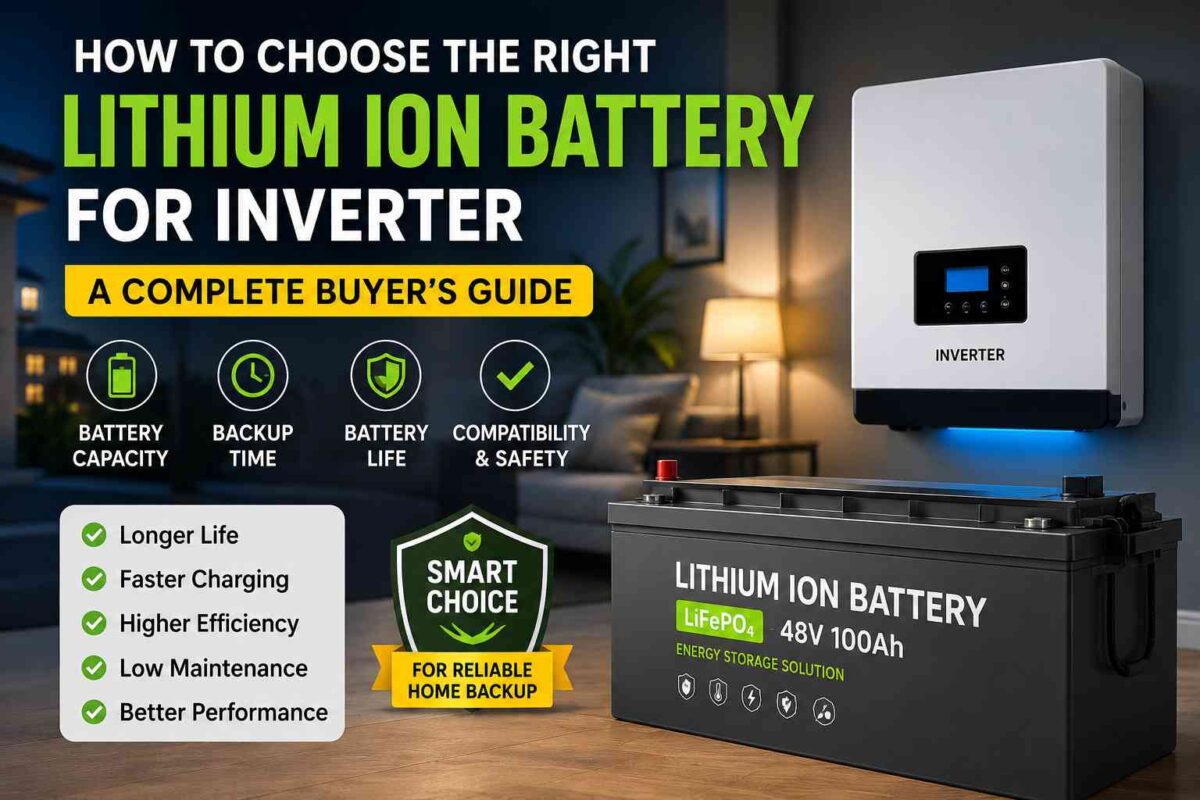 How to choose the right lithium ion battery for inverter systems, featuring a LiFePO4 battery, home inverter, battery capacity, backup time, battery life, and compatibility factors.