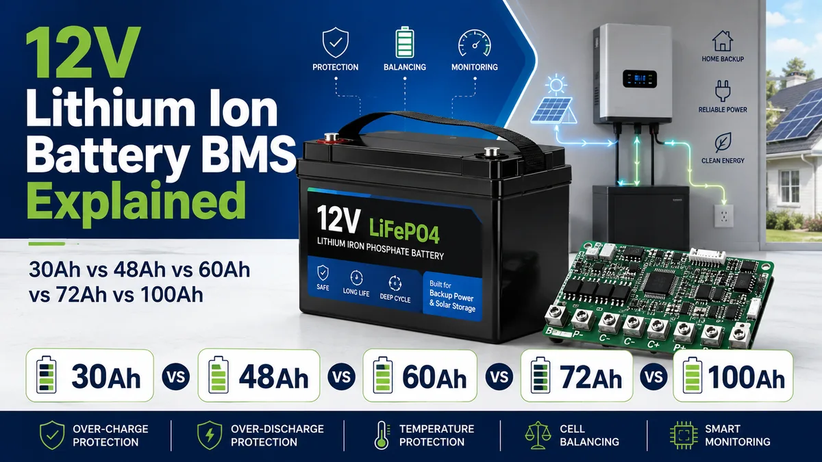 12V LiFePO4 lithium battery with BMS board, comparing 30Ah, 48Ah, 60Ah, 72Ah and 100Ah capacities for inverter and home backup use.