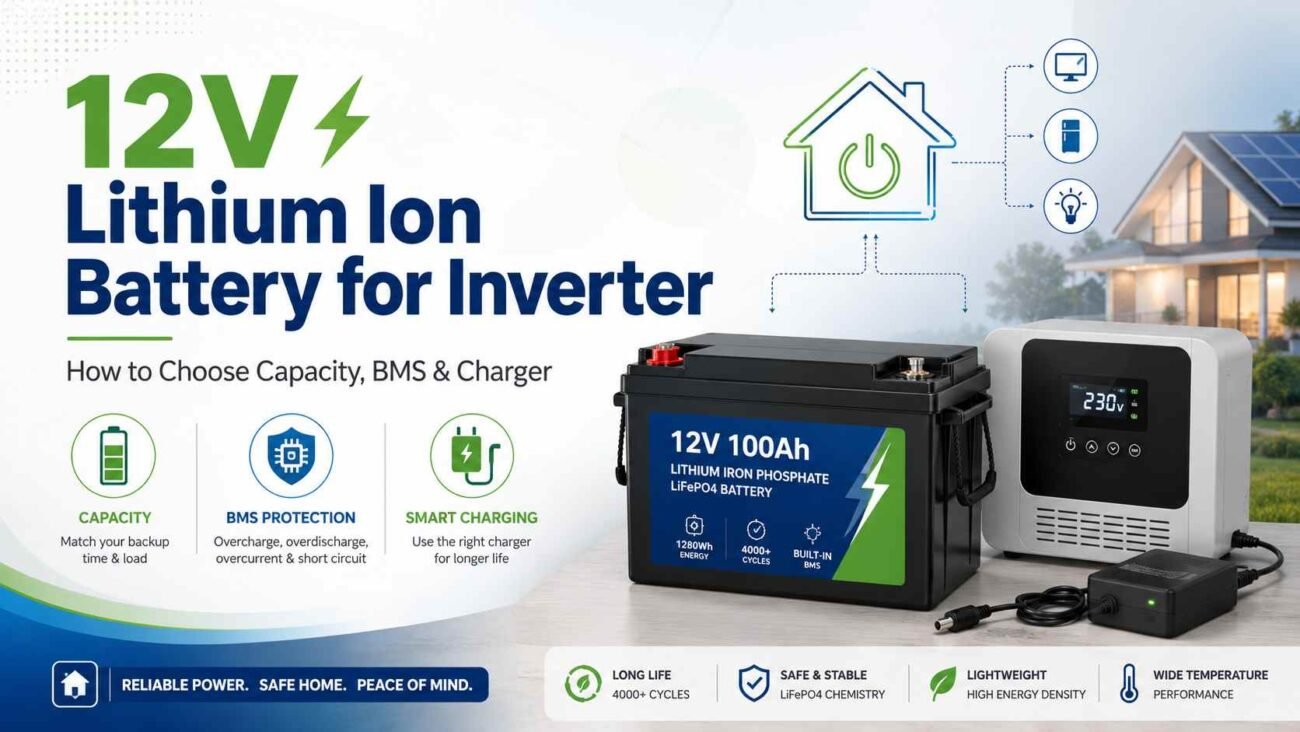 12V LiFePO4 lithium-ion battery with inverter and charger for home backup, showing capacity, BMS protection and smart charging features.