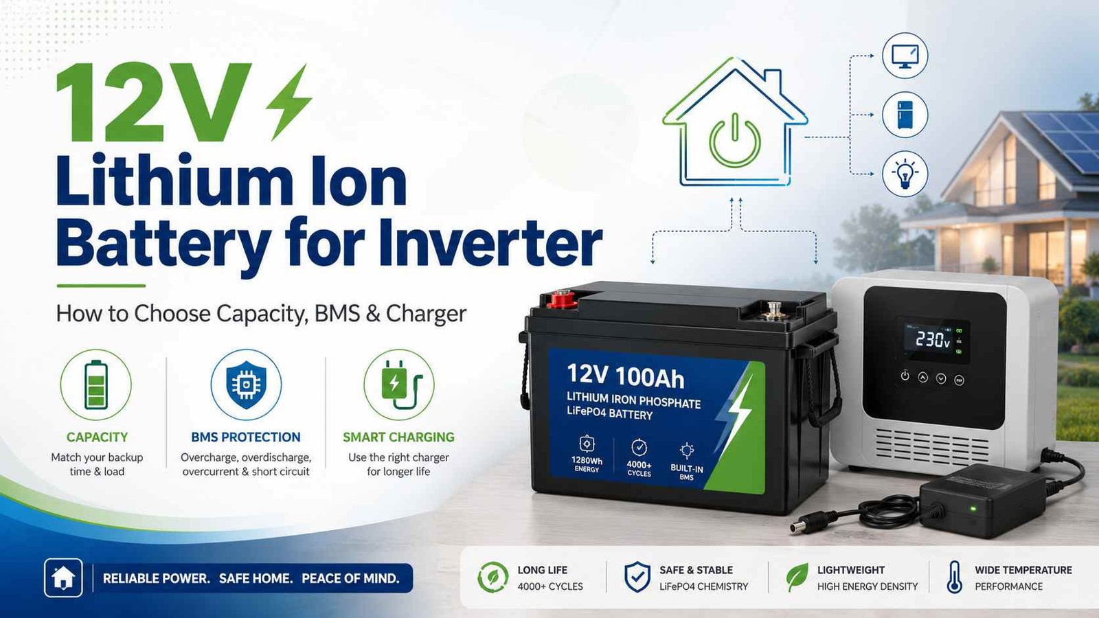 12V LiFePO4 lithium-ion battery with inverter and charger for home backup, showing capacity, BMS protection and smart charging features.