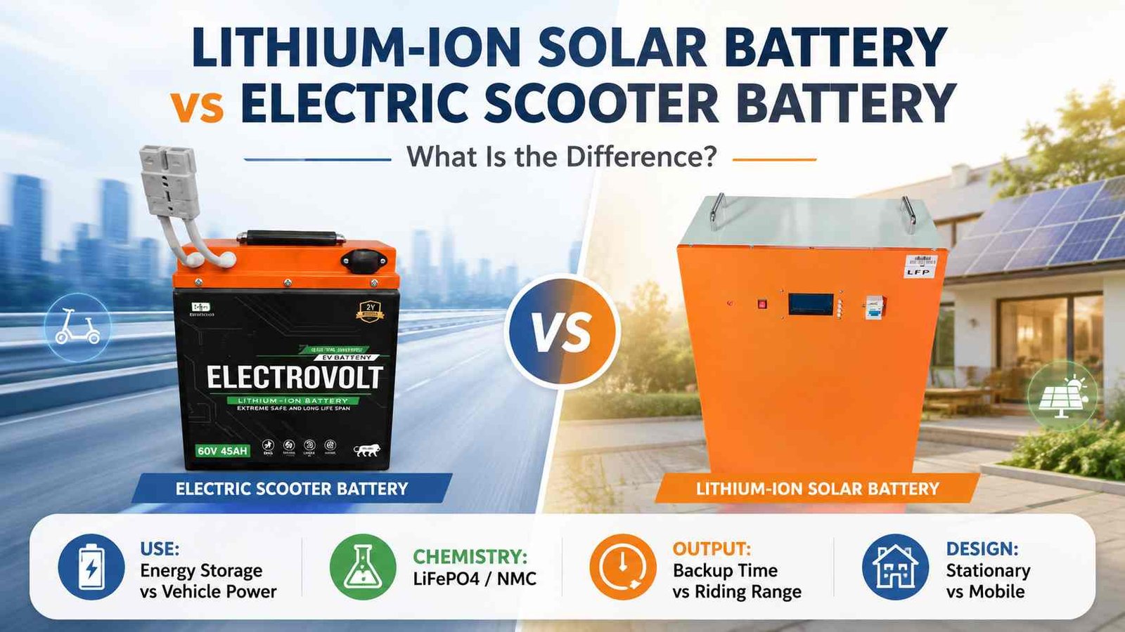 Lithium ion solar battery vs electric scooter battery comparison showing LiFePO4 solar storage and EV battery differences in use, chemistry, backup time, riding range and design.