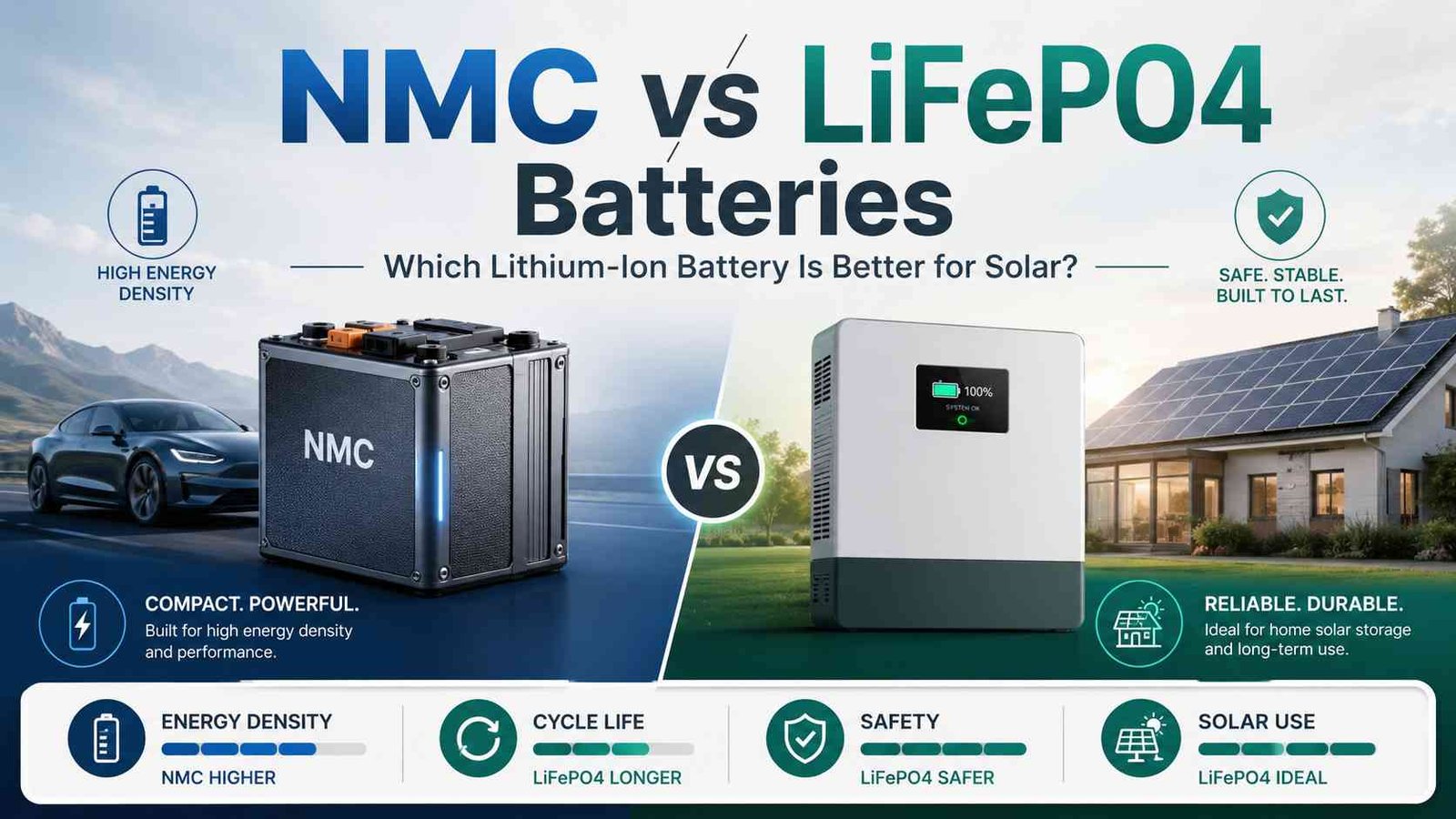 NMC vs LiFePO4 lithium-ion batteries comparison for solar energy storage, showing NMC energy density and LiFePO4 safety, cycle life, reliability and home solar use.
