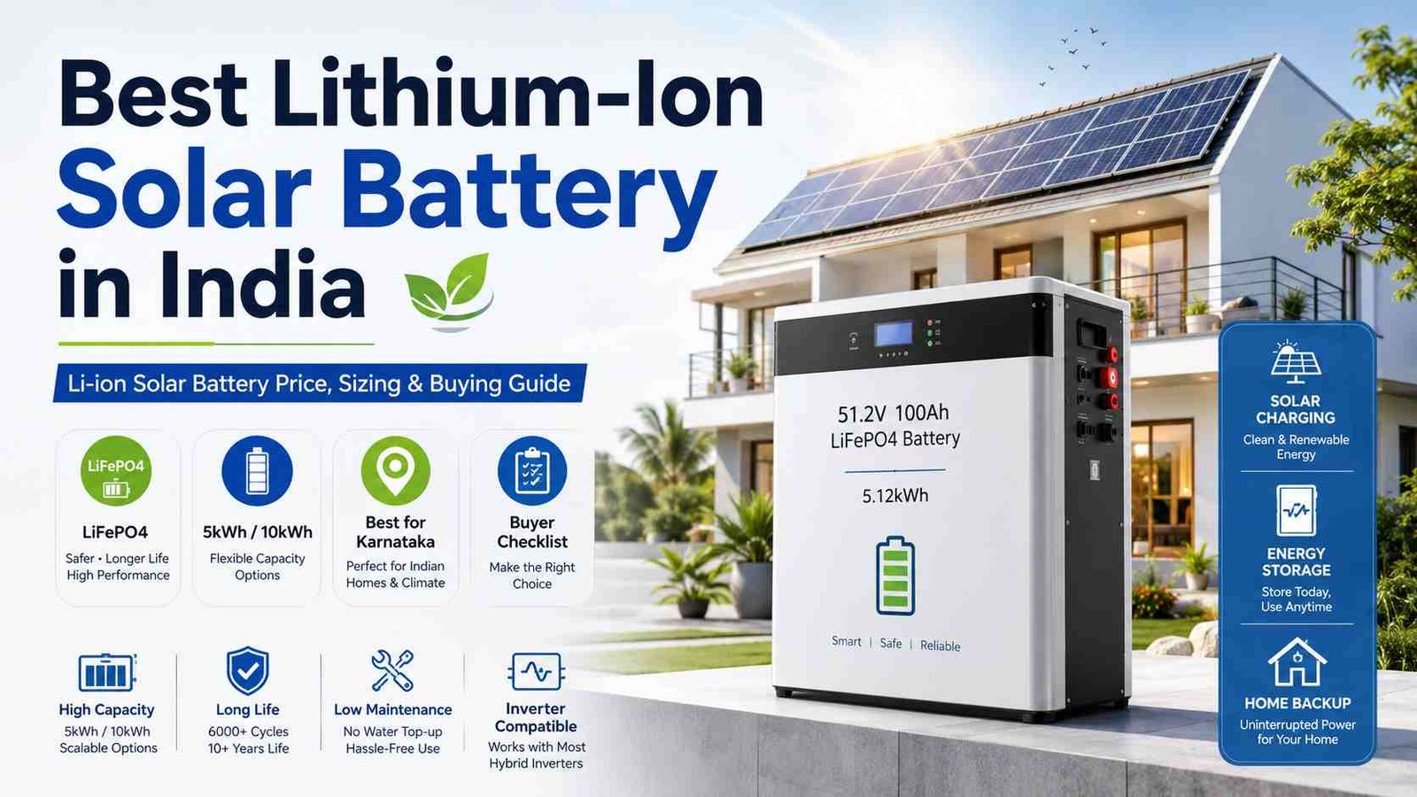 Best lithium-ion solar battery in India with 51.2V 100Ah LiFePO4 battery, solar panels, home energy storage, 5kWh and 10kWh capacity options.