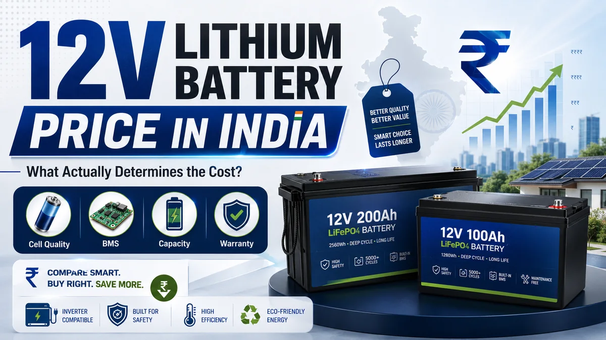 12V LiFePO4 lithium battery price in India showing 100Ah and 200Ah batteries, BMS, cell quality, capacity, warranty and cost factors.