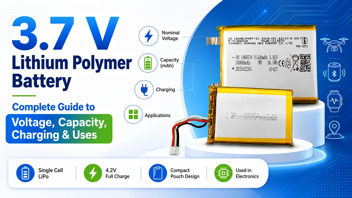 3.7V lithium polymer battery guide showing LiPo pouch cells, voltage, capacity, charging, and common electronic applications.
