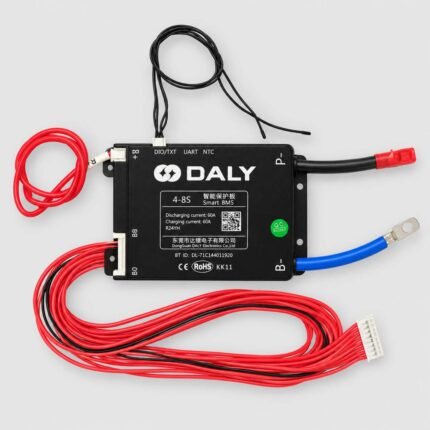 DALY 4–8S 60A Smart BMS with balancing harness, temperature-sensor leads, blue B− cable with ring terminal, and black P− cable.