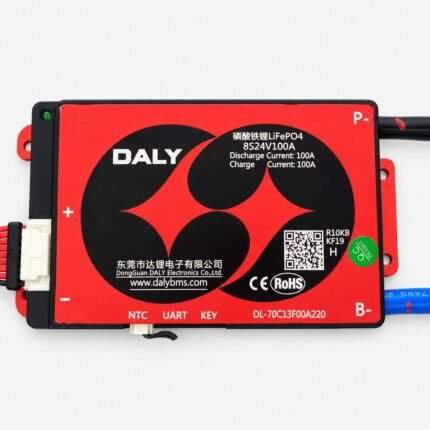 DALY 8S 24V 100A LiFePO4 battery protection BMS with balance wires, NTC sensor, black P− cable and blue B− cable.
