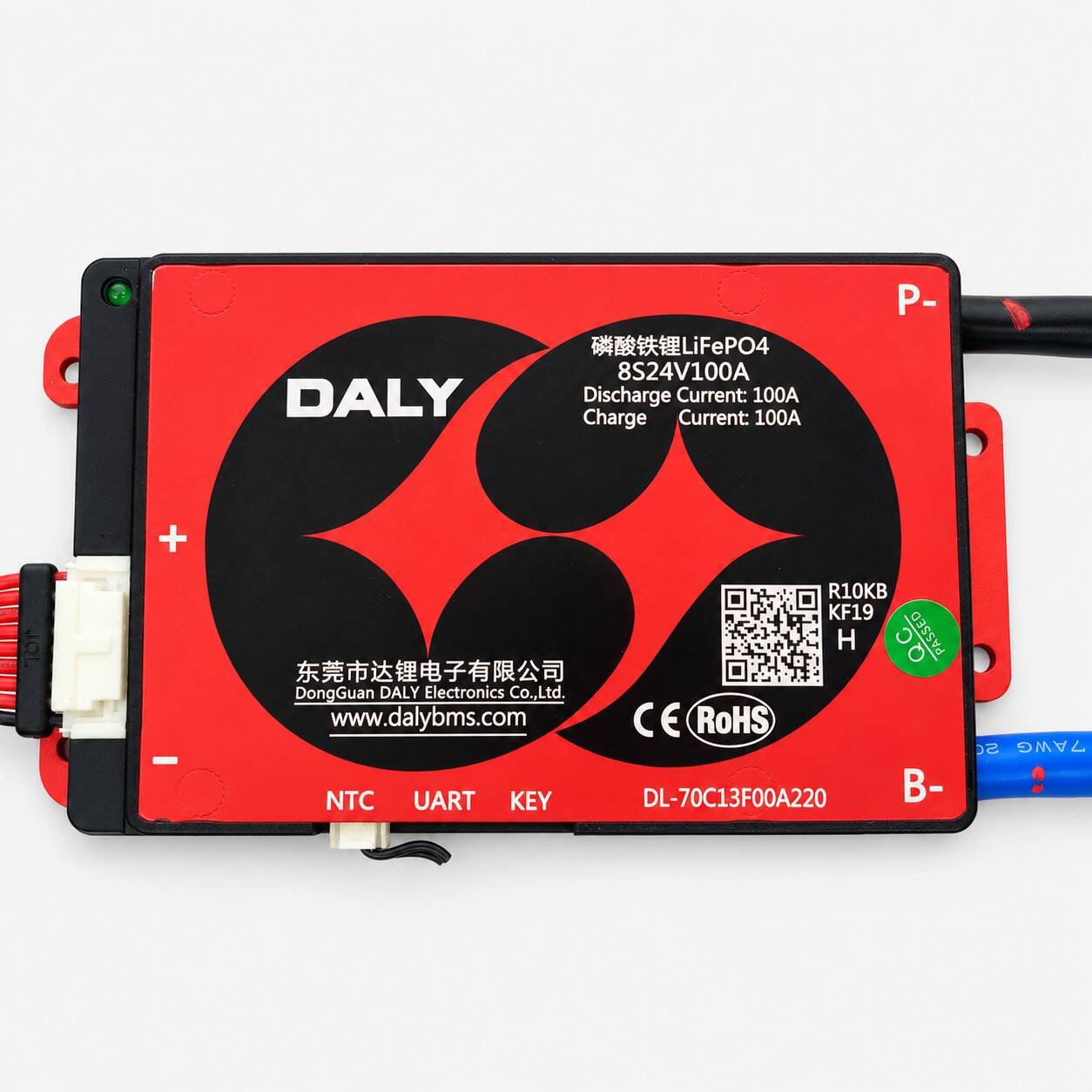 DALY-8S-24V-100A-LiFePO4-BMS-closeup-v2-under-100KB DALY 8S 24V 100A LiFePO4 battery protection BMS with balance wires, NTC sensor, black P− cable and blue B− cable.