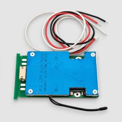 EIK-4S-6235 4S 20A LiFePO4 BMS with blue protective casing, five-wire sensing harness, connector, bare leads and temperature sensor.
