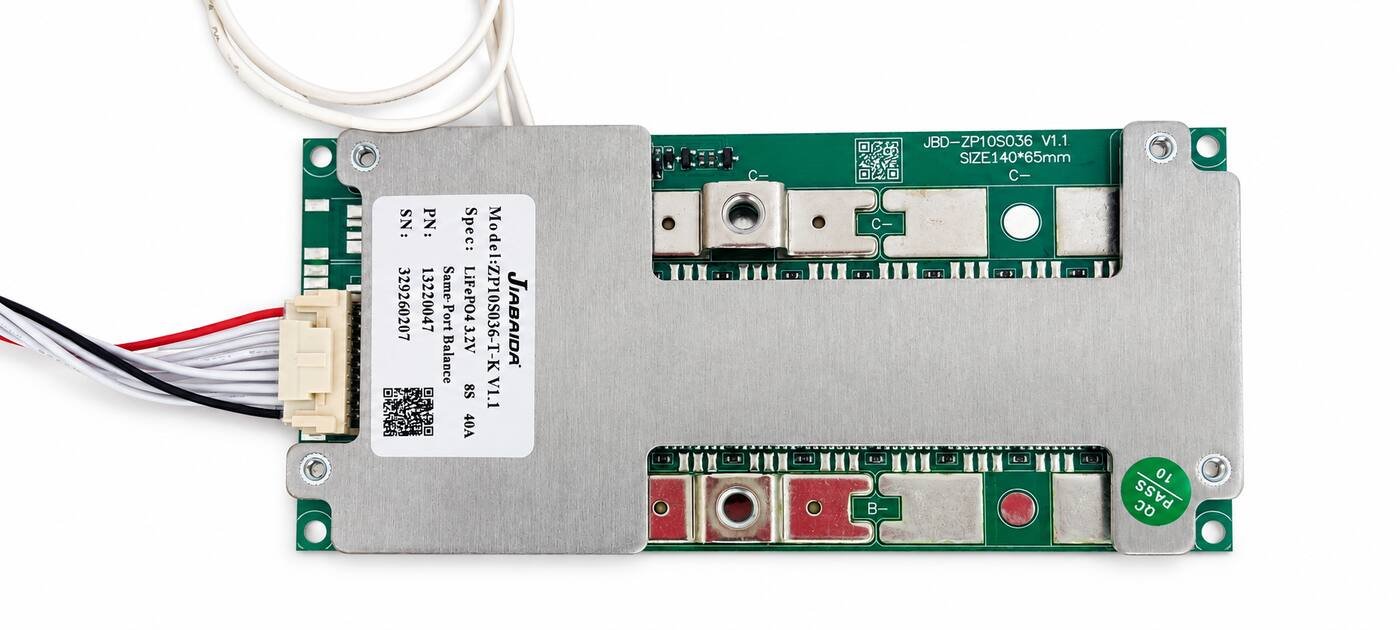 JBD-ZP10S036-8S-40A-BMS-under-100KB JBD ZP10S036-T-K V1.1 8S 40A LiFePO₄ Battery Protection BMS with Same-Port Charging and Cell Balancing
