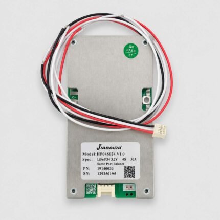 JIABAIDA HP04S024 V1.0 4S 30A LiFePO4 BMS with metal casing, balancing-wire harness and plug connectors.