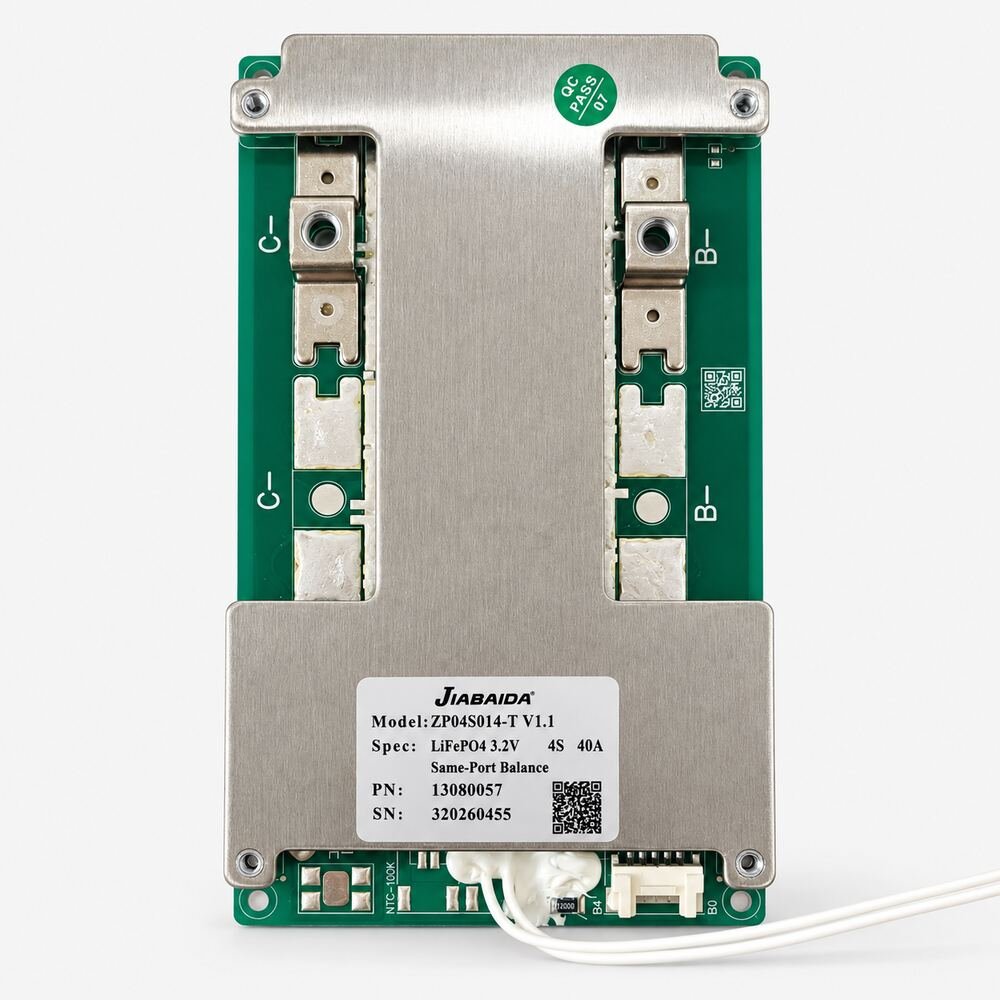 JIABAIDA-ZP04S014T-4S-40A-LiFePO4-BMS-square-under-100KB JIABAIDA ZP04S014-T 4S 40A BMS for 12.8V LiFePO4 battery packs. Same-port operation, cell balancing and essential battery protection.