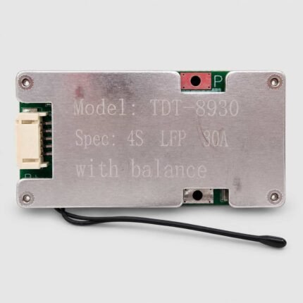 TDT-8930 4S 30A LiFePO4 BMS with cell balancing, metal protective casing, balance connector and temperature-sensor lead.