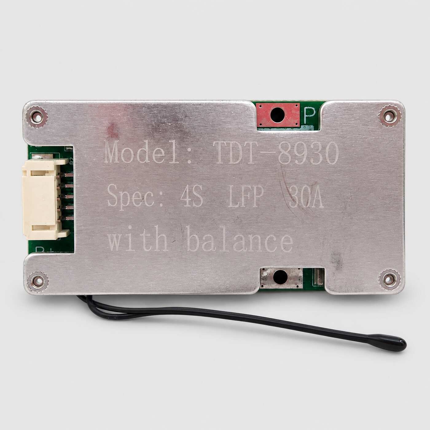 TDT-8930-4S-30A-BMS-under-100KB TDT-8930 4S 30A LiFePO4 BMS with cell balancing, metal protective casing, balance connector and temperature-sensor lead.