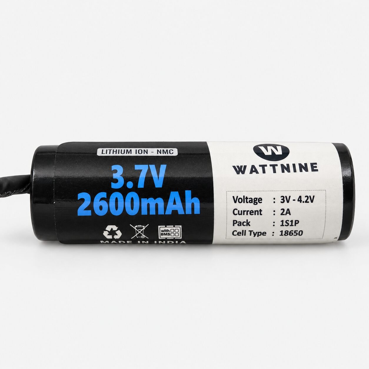 Wattnine-3.7V-2600mAh-NMC-battery-pack-square-under-100KB Wattnine 3.7V 2600mAh 1S1P 18650 NMC Lithium-Ion Battery Pack with BMS