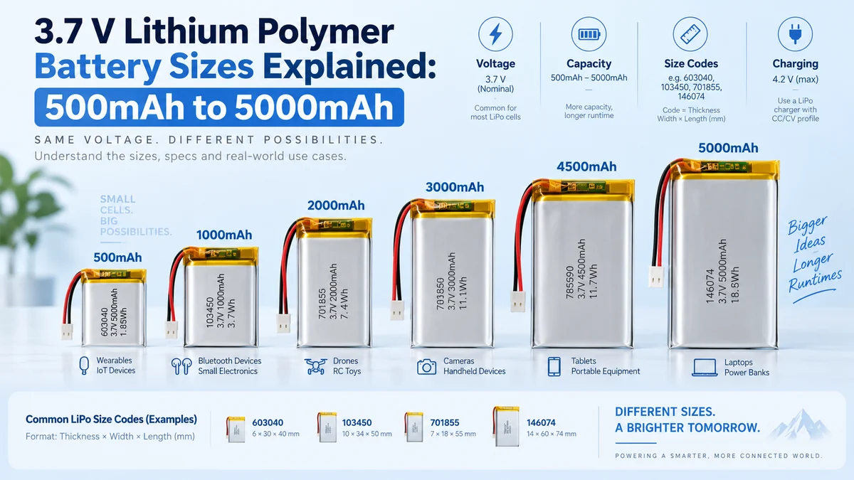 3.7V lithium polymer battery sizes from 500mAh to 5000mAh, showing LiPo pouch battery capacities, size codes, charging voltage, and common applications.
