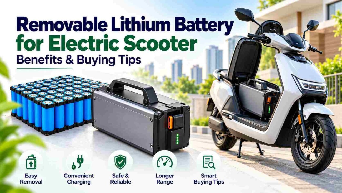 Removable lithium-ion battery for electric scooter featuring a portable EV battery pack, easy charging, safe operation, longer range and buying tips.